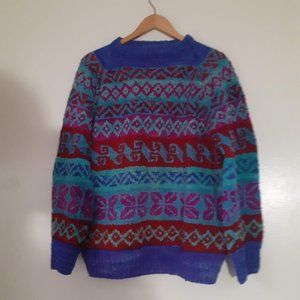 TRADITIONAL HANDMADE CHUNKY 100%WOOL AZTEC VILLAGER TRIBAL SWEATER  XL, measured